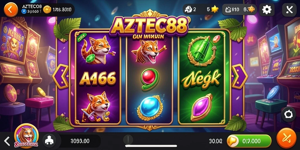 Tampilan gameplay AZTEC88 yang penuh aksi dengan simbol-simbol khas Aztec.
