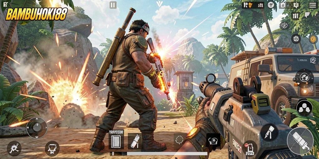 Tampilan gameplay seru dari BAMBUHOKI88 dalam mode TPS.