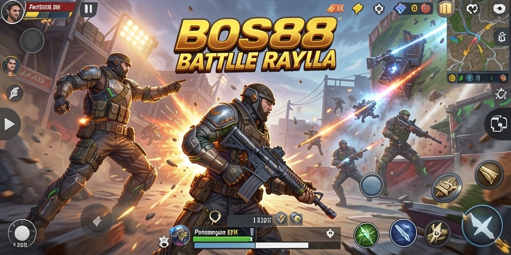 Screenshot utama BOS88 menampilkan aksi pertarungan Battle Royale yang mendebarkan.