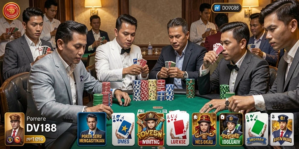 Tampilan seru permainan Poker di DV188 dengan banyak pemain aktif.