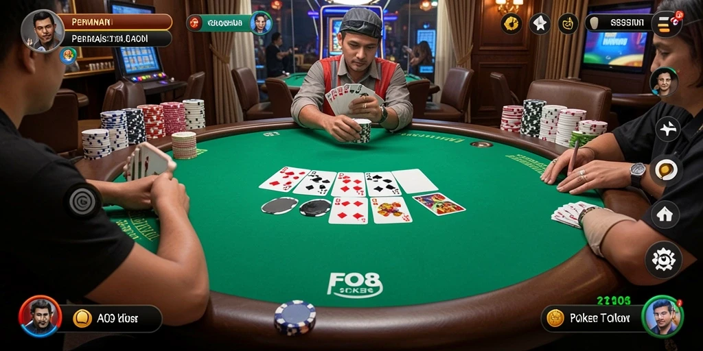 Tampilan utama FO8 menampilkan gameplay Poker yang mendebarkan.