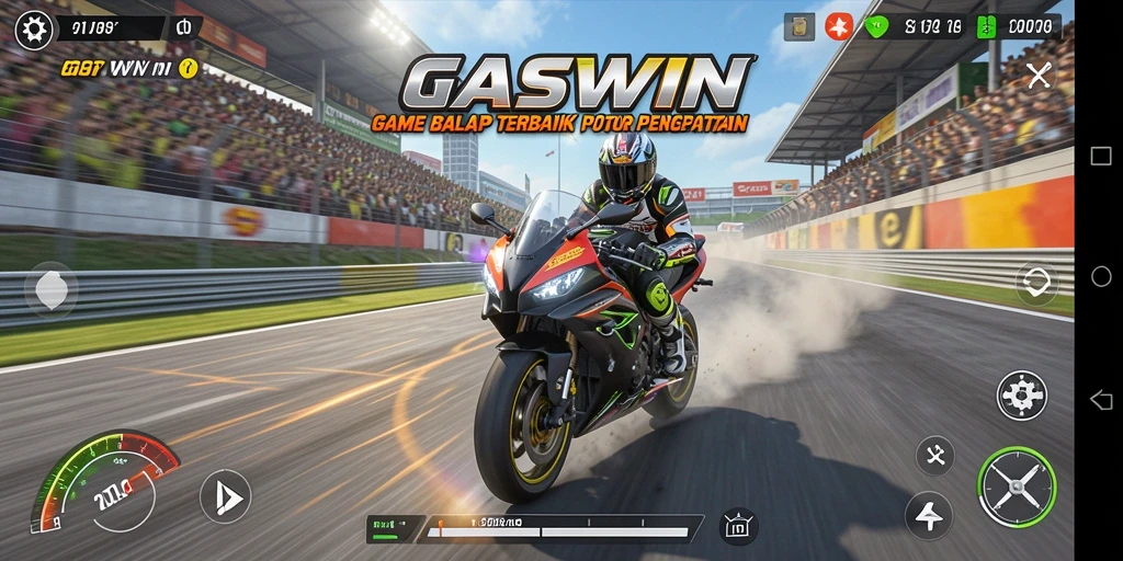 Tampilan gameplay <strong>GASWIN</strong> yang mendebarkan dengan balapan motor di trek yang menantang.