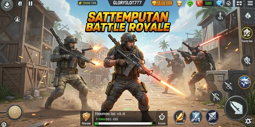 Tangkapan layar utama GLORYSLOT777 menunjukkan aksi seru dalam pertempuran Battle Royale.
