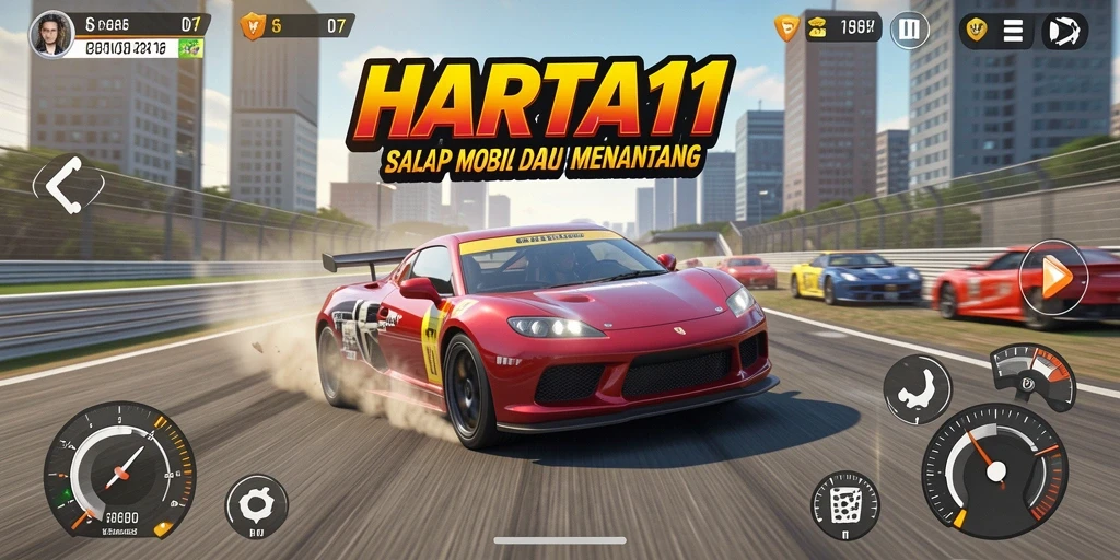 Screenshot HARTA11 menampilkan aksi balap yang mendebarkan.
