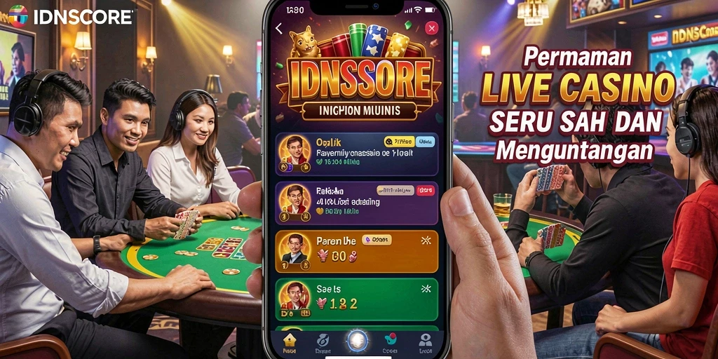Tangkapan layar gameplay IDNSCORE dengan dealer langsung dan suasana kasino yang otentik.
