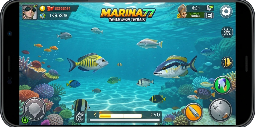 Screenshot utama MARINA77 menampilkan aksi seru dalam menangkap ikan.
