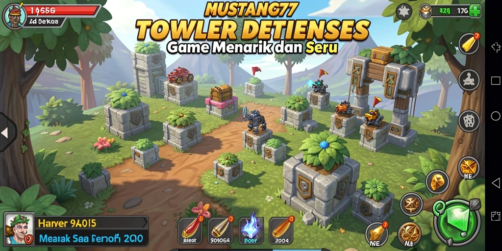 Screenshot gameplay MUSTANG77 menampilkan menara dan musuh yang sedang bertempur.