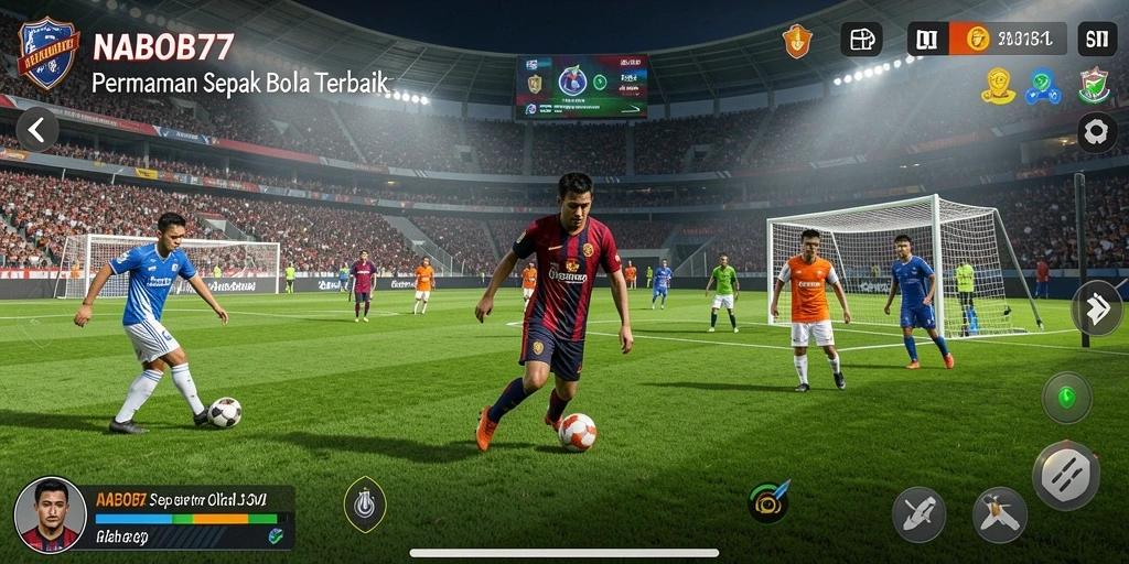 Tangkapan layar gameplay NABOB77 menunjukkan aksi mendebarkan di lapangan sepak bola.