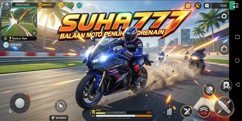 Tangkapan layar gameplay seru dari SUHU777 yang menunjukkan balapan motor.