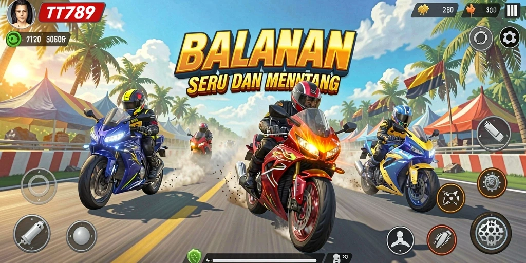 Tampilan gameplay balapan motor yang mendebarkan dan kompetitif.